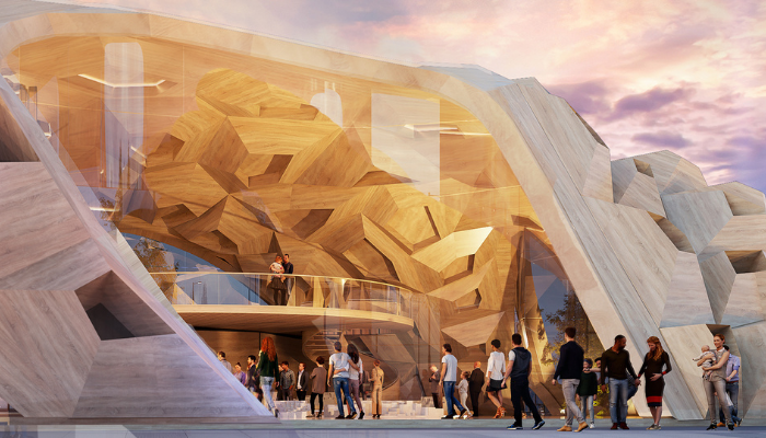 Render of Cryptomeria, the 2026 Man Pavilion at the centre of Black Rock City